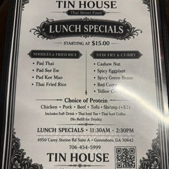 Tin House - Lunch menu - served 11-2:30ish - Thai Near Me - Greensboro, Georgia Tin House - Lunch menu - served 11-2:30ish - Thai Near Me - Greensboro, Georgia