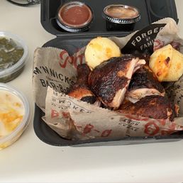 Quarter of chicken,Mac and cheese and collard greens. Quarter of chicken,Mac and cheese and collard greens.