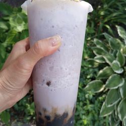 Taro smoothie with brown sugar pearls and crema. $7.99 (BOGO on UberEats).