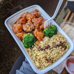 Dong's Chinese Express - Sesame chicken combo platter with pork fried rice