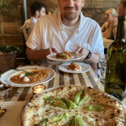 Risotto, zucchini blossom pizza