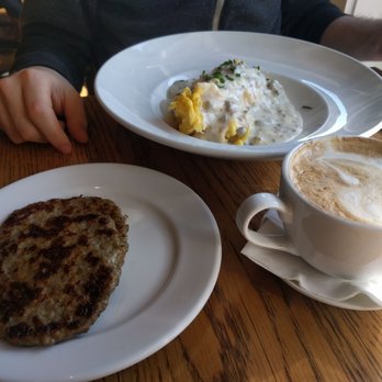 Mediterranea - Chicken sausage, sausage biscuits with scrambled eggs, and cappuccino - Mediterranean Near Me - Atlanta, Georgia Mediterranea - Chicken sausage, sausage biscuits with scrambled eggs, and cappuccino - Mediterranean Near Me - Atlanta, Georgia