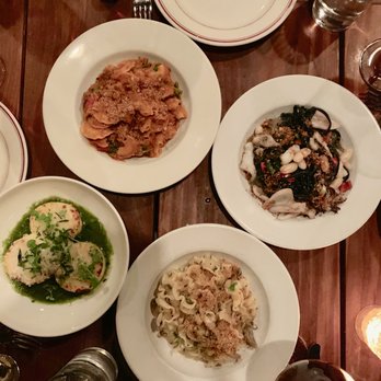 The Red Hen - Clockwise from Left: Polenta, Crete di Gallo with duck and sausage, Squid Ink Linguini with Calamari, and wild mushroom Mafalde - Italian Near Me - Washington, DC, District of Columbia The Red Hen - Clockwise from Left: Polenta, Crete di Gallo with duck and sausage, Squid Ink Linguini with Calamari, and wild mushroom Mafalde - Italian Near Me - Washington, DC, District of Columbia