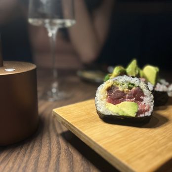 Rosella KPT - a plate of sushi and a glass of wine - Sushi Bars Near Me - Kennebunk, Maine