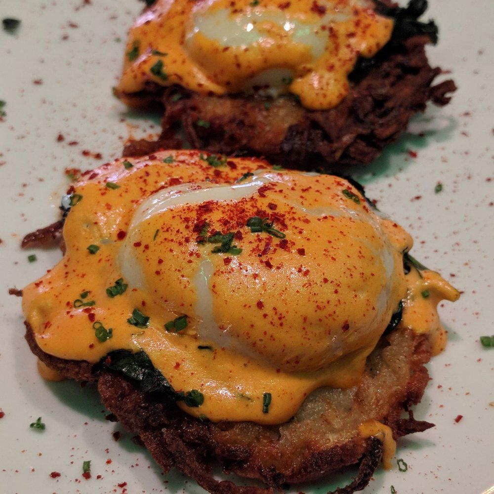 Waypoint - Egg Benedict with potato latkes - Bars Near Me - Cambridge, Massachusetts