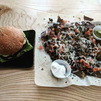 Copper Branch - Portabello mushroom burger with nachos - Vegan Near Me - Waterloo, Ontario