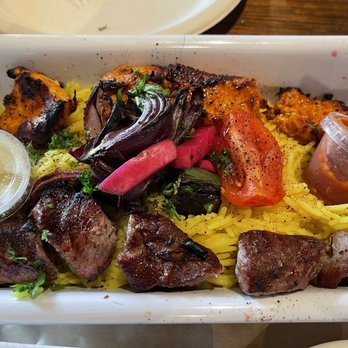 Mazra - Double Kebab Plate with chicken and lamb - Middle Eastern Near Me - San Bruno, California Mazra - Double Kebab Plate with chicken and lamb - Middle Eastern Near Me - San Bruno, California