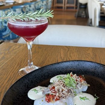 Fable & Spirit - Red wreath cocktail and Kona Kampachi Crudo - Seafood Near Me - Newport Beach, California