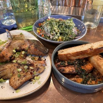 COMMUNION Restaurant and Bar - Seasonal special salmon collar with a chili glaze, BBQ shrimp (slightly spicy), collard green cesar salad with anchovies - Soup Near Me - Seattle, Washington