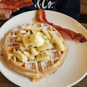 Rosine's Restaurant - waffle with bananas and bacon - American Near Me - Monterey, California Rosine's Restaurant - waffle with bananas and bacon - American Near Me - Monterey, California