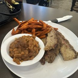 Brisket w/beans & sweet potato fries Brisket w/beans & sweet potato fries