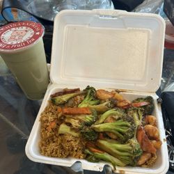 China Express - Shrimp 78. Chicken and Broccoli with matcha boba tea