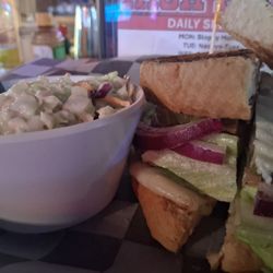 High Heat Sports Grill - Grilled chicken sandwich on Texas toast and a side of slaw.