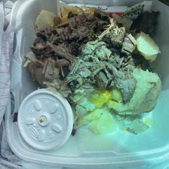Peters BBQ - Baked potatoes with chopped beef brisket - Barbeque Near Me - Ellinger, Texas