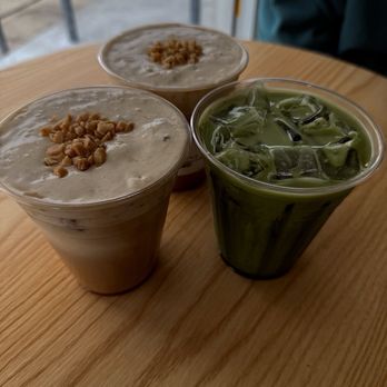 Danbi Coffee - 2 banana cream latte (topped with toffee nut) 1 matcha latte w/ oat milk - Coffee & Tea Near Me - Pasadena, California