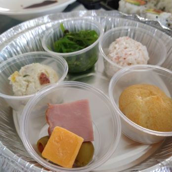 Uma Japan Eatery - side dishes that come with most entrees. potato salad, crab salad, seaweed salad, ham/cheese/olives, cream puff - Japanese Near Me - Arlington Heights, Illinois