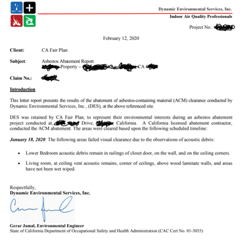 Controlled Environmental Solutions - report indicating failure of CES remediation of asbestos popcorn - General Contractors Near Me - Panorama City, California Controlled Environmental Solutions - report indicating failure of CES remediation of asbestos popcorn - General Contractors Near Me - Panorama City, California