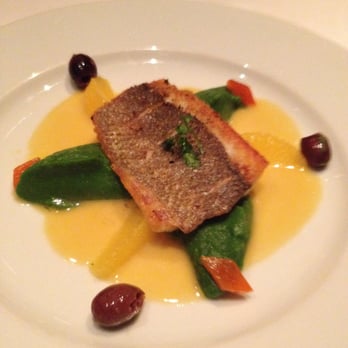 Gary Danko - Branzini with Fennel Purée, Niçoise Olives, and Saffron-Orange Emulsion - New American Near Me - San Francisco, California Gary Danko - Branzini with Fennel Purée, Niçoise Olives, and Saffron-Orange Emulsion - New American Near Me - San Francisco, California