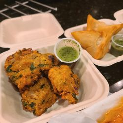 Twisted Tikka - Lentil Spinach fritter and Vegetable Samosa from Twisted Tikka
