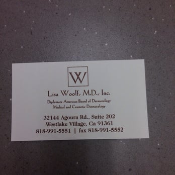 Lisa Woolf, MD - Moved to this address. This business card was photographed in their office on 2/5/2014. - Dermatologists Near Me - Westlake Village, California Lisa Woolf, MD - Moved to this address. This business card was photographed in their office on 2/5/2014. - Dermatologists Near Me - Westlake Village, California