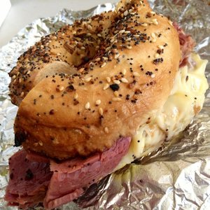 Photo of Authentic Bagel Company - Oakland, CA, United States. A proper & delicious breakfast for St. Patty's day - Corned Beef on Everything Bagel $6; add a fried egg $0.50 from ABC!