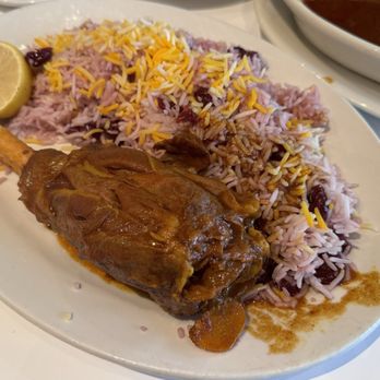 Jino's Pars - Lamb shank with Albaloo Rice (sour cherry, saffron rice) - Persian/Iranian Near Me - Los Angeles, California Jino's Pars - Lamb shank with Albaloo Rice (sour cherry, saffron rice) - Persian/Iranian Near Me - Los Angeles, California