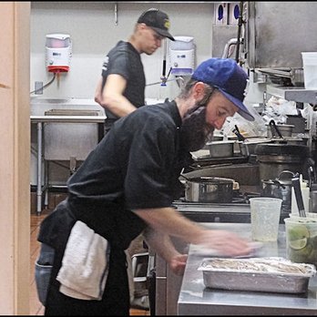 Mountain Rambler Brewery - The kitchen is located behind the bar.  When these guys saw me taking photos, they cracked up laughing! - New American Near Me - Bishop, California