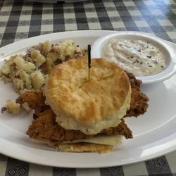 Big Rock Cafe - Fried Chicken Biscuit with Home Fries and a Side of Gravy