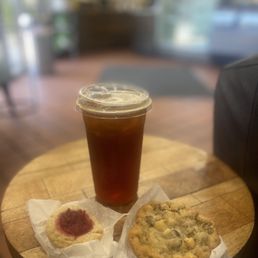Cold tea and two cookies Cold tea and two cookies