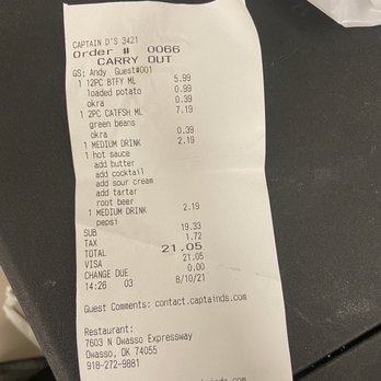 Captain D's - a receipt on a table - Seafood Near Me - Owasso, Oklahoma Captain D's - a receipt on a table - Seafood Near Me - Owasso, Oklahoma