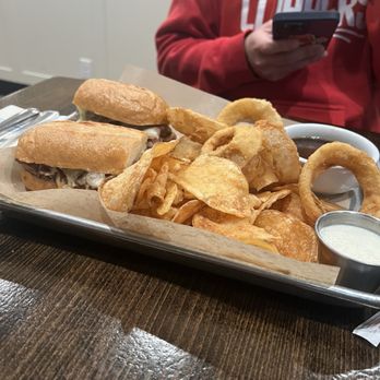 Twohey’s Restaurant - Prime Rib dip with chips and onion rings - New American Near Me - South Pasadena, California Twohey’s Restaurant - Prime Rib dip with chips and onion rings - New American Near Me - South Pasadena, California