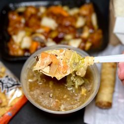 Hong Kong House - Hot & sour soup - different w/ a vegetable based broth & fresh veggies, cabbage, carrots, celery, no tofu or mushrooms