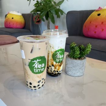 Tea Time - Black pearl milk tea and brown sugar boba milk creme brûlée (both large) - Bubble Tea Near Me - Webster, Texas Tea Time - Black pearl milk tea and brown sugar boba milk creme brûlée (both large) - Bubble Tea Near Me - Webster, Texas