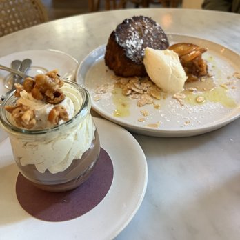 Prunella - Budino(left) olive oil cake with whipped cream, almonds, and peaches(right) - Italian Near Me - Philadelphia, Pennsylvania