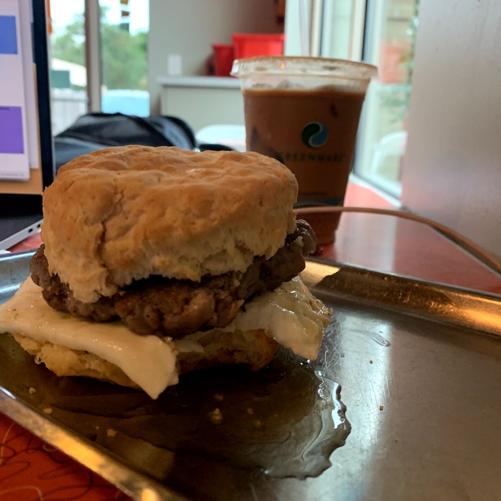 Two egg + sausage biscuit and a large iced latte! Two egg + sausage biscuit and a large iced latte!