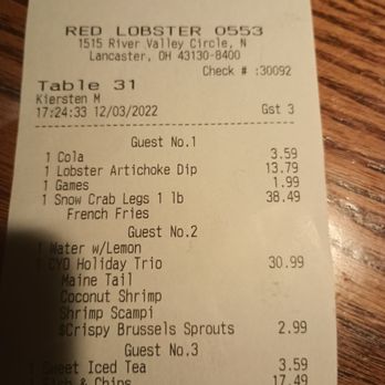 Red Lobster - the receipt for the restaurant - Seafood Near Me - Lancaster, Ohio Red Lobster - the receipt for the restaurant - Seafood Near Me - Lancaster, Ohio