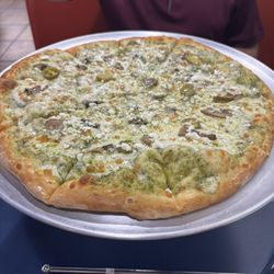 Pizza Express - The Magical Pizza (spinach, mushrooms, jalapeños, feta, and mozzarella cheese over a pesto basil sauce)
