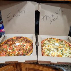 Rosati's Pizza - Left pizza Rosati's specialty ROSATI'S MONSTER. Right pizza Italian sausage, green pepper & onion.