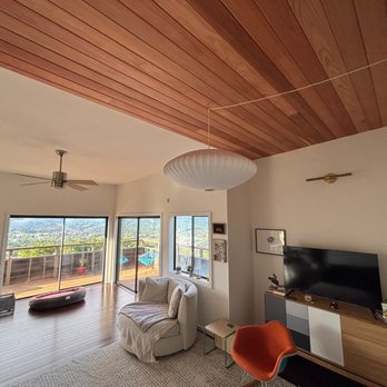 Handy Home Services - redwood ceiling plank installation, including stain - Handyman Near Me Handy Home Services - redwood ceiling plank installation, including stain - Handyman Near Me