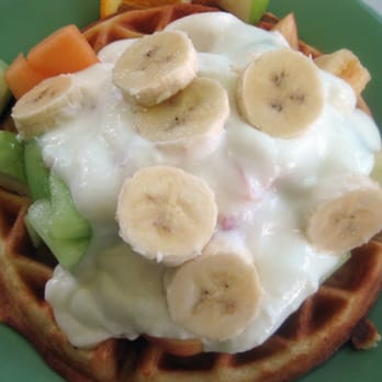 Cafe 222 - The Basic Waffle topped with Plain Yogurt and Fresh Fruit - Breakfast & Brunch Near Me - San Diego, California
