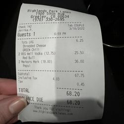 Highland Park Lanes - The bill at the bar was $$$$ for well drinks. $68 for well vodka and makers? You can buy whole bottles for these prices!  Not recommended.