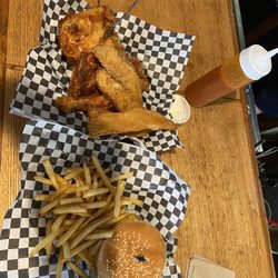 Model T Pub & Eatery - Chicken and Jo's and a cheeseburger and fries.