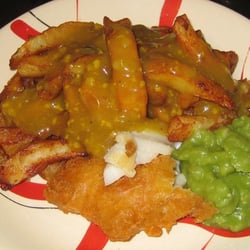 Jacko's Chippy - Here we have a quarter of a piece of cod, a third of a large chips, half a large curry sauce and half a small mushy peas