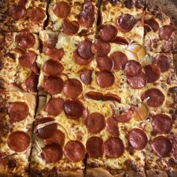 Justino's Pizza - Extra cheese and pepperoni Sicilian pizza. Cooked perfectly and definitely was a delicious tasty pizza!!