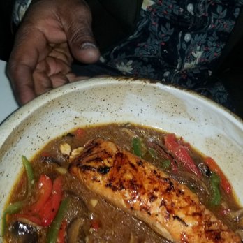 Aura Cocina - Salmon floating in a miso broth. Was tasty. Needed rice as a complimentary side. - Asian Fusion Near Me - Brooklyn, New York