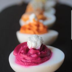 Wicked Chicken's Deviled Eggs - Roasted Beet with Black Truffle & Goat Cheese