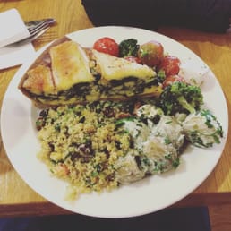 Spinach Quiche with potato, cous cous, and broccoli salad. Spinach Quiche with potato, cous cous, and broccoli salad.