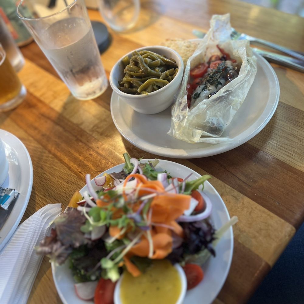 Proper - Baked catfish with olives, tomatoes and thyme together with green beans potato casserole and side salad. - Southern Near Me - Boone, North Carolina