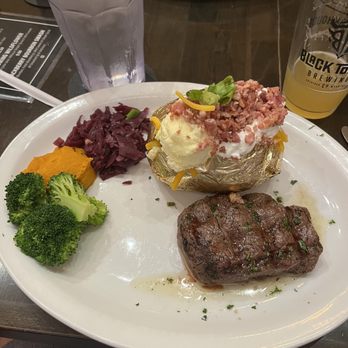 Cody Steak House - 6 oz filet medium rare with loaded baked potato and the 3 signature vegetables. Steak was cooked perfectly. Everything was awesome! - Steakhouses Near Me - Cody, Wyoming Cody Steak House - 6 oz filet medium rare with loaded baked potato and the 3 signature vegetables. Steak was cooked perfectly. Everything was awesome! - Steakhouses Near Me - Cody, Wyoming