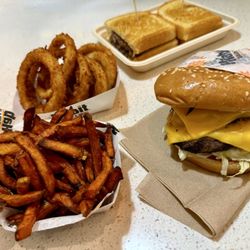 Habit Burger & Grill - Double Char with Cheese and bacon, Patty Melt, Sweet Potato Fries, and Onion Rings...